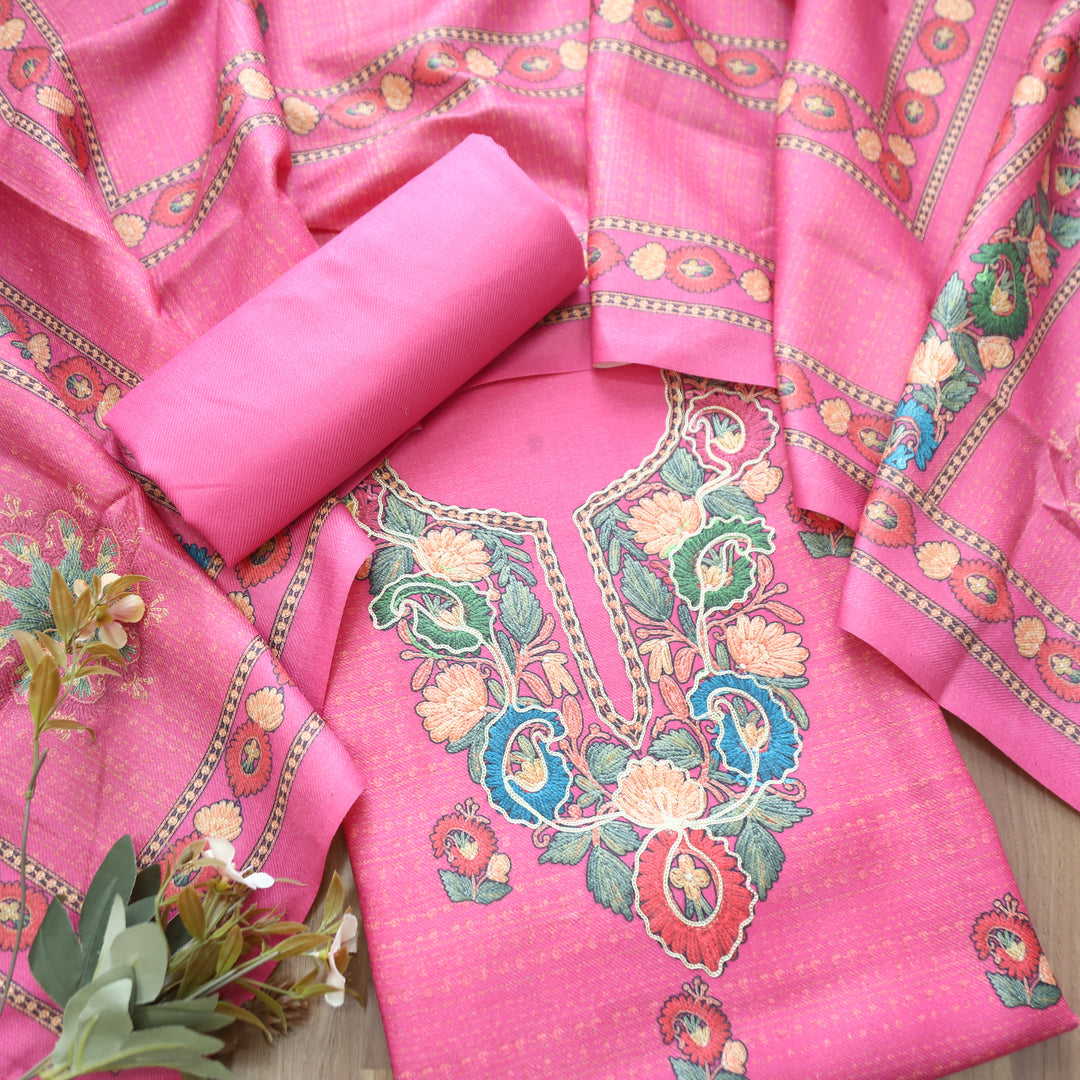 Mahira Punch Pink Aari Work Floral Printed Semi Pashmina Winter Set