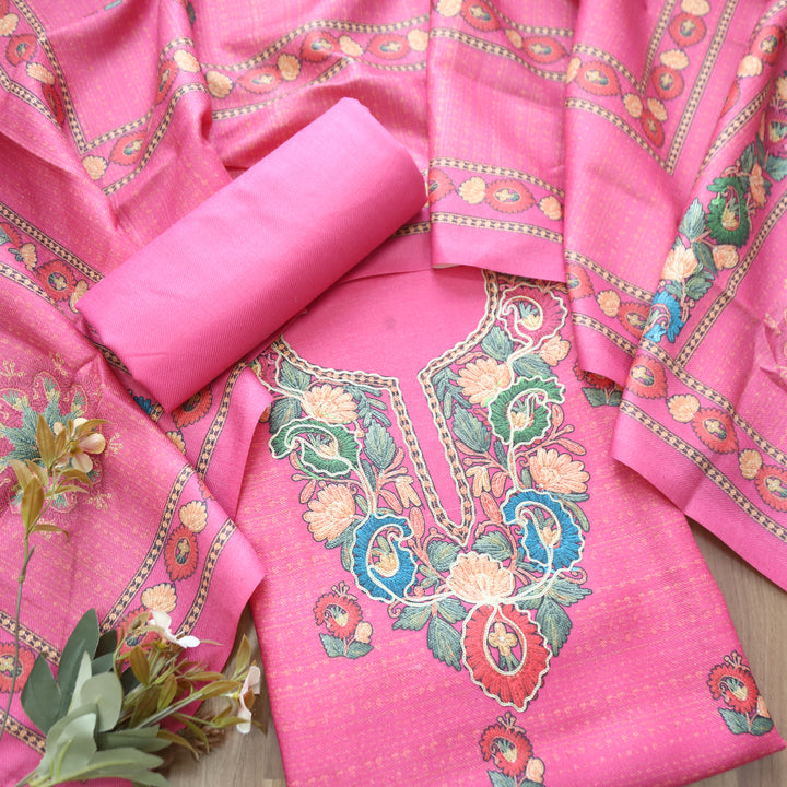 Mahira Punch Pink Aari Work Floral Printed Semi Pashmina Winter Set