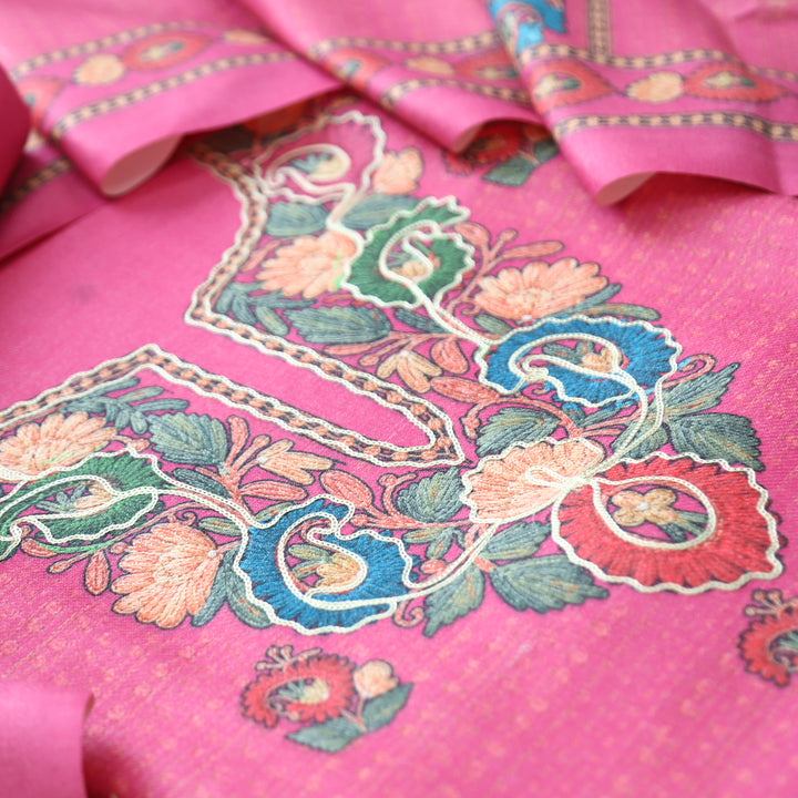 Mahira Punch Pink Aari Work Floral Printed Semi Pashmina Winter Set