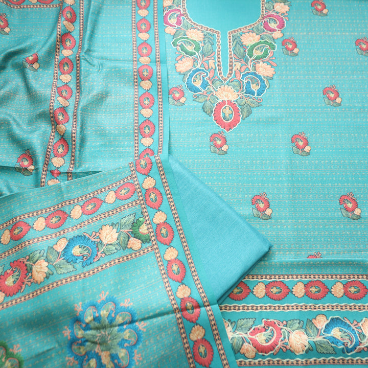 Mahira Sky Blue Aari Work Floral Printed Semi Pashmina Winter Set