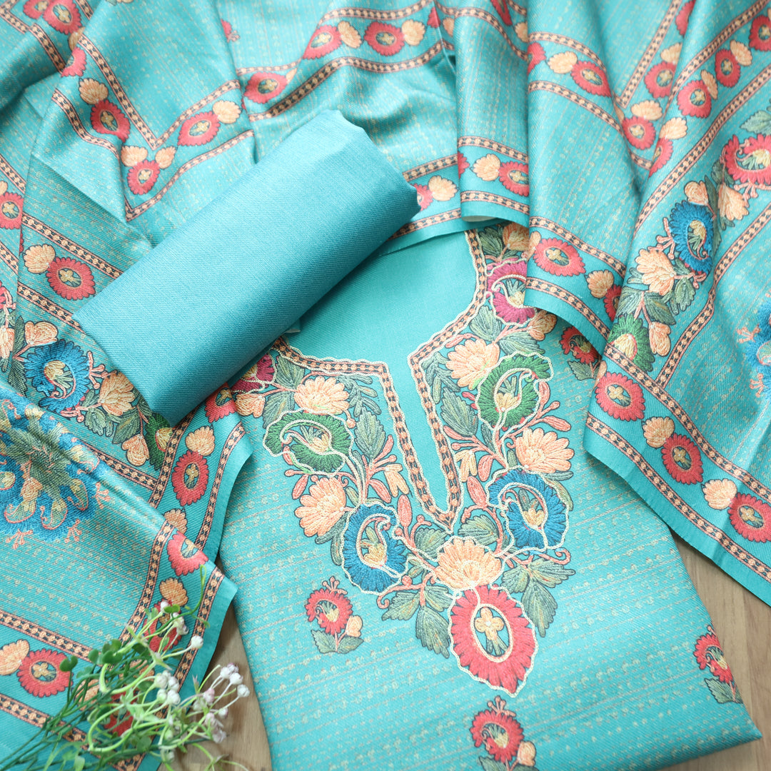 Mahira Sky Blue Aari Work Floral Printed Semi Pashmina Winter Set