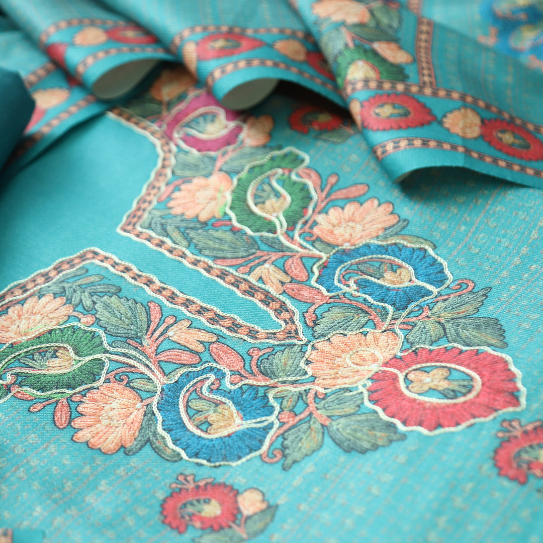 Mahira Sky Blue Aari Work Floral Printed Semi Pashmina Winter Set