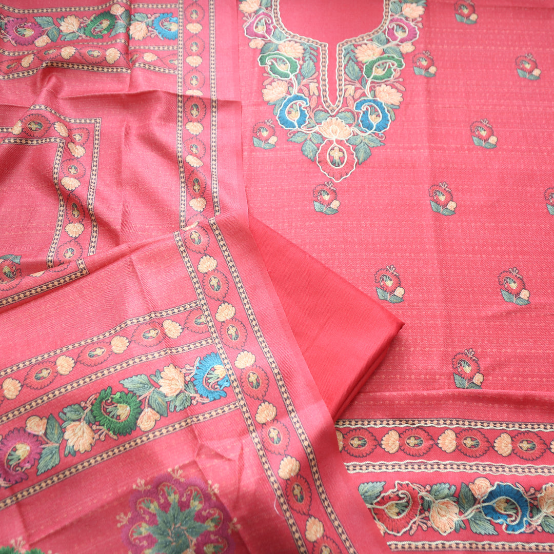 Mahira Blush Crimson Aari Work Floral Printed Semi Pashmina Winter Set