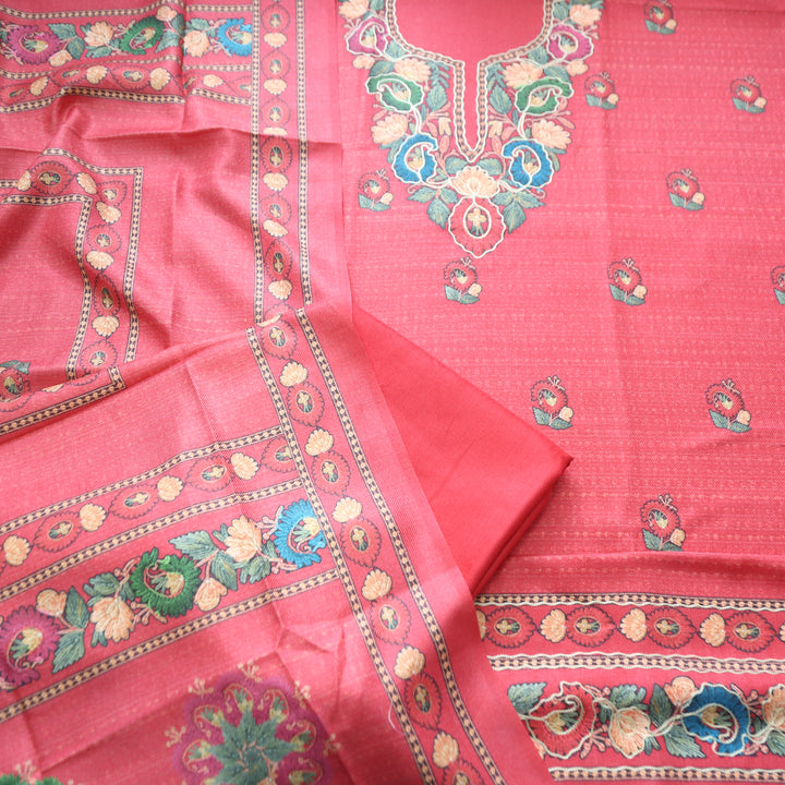Mahira Blush Crimson Aari Work Floral Printed Semi Pashmina Winter Set