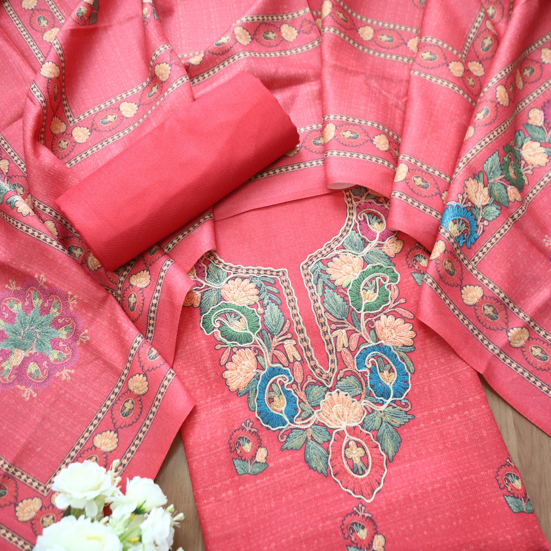 Mahira Blush Crimson Aari Work Floral Printed Semi Pashmina Winter Set