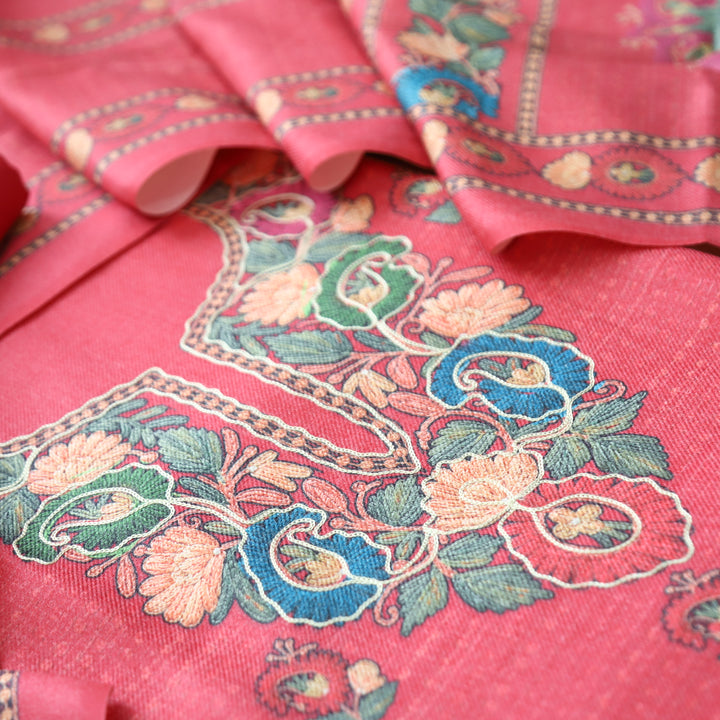 Mahira Blush Crimson Aari Work Floral Printed Semi Pashmina Winter Set