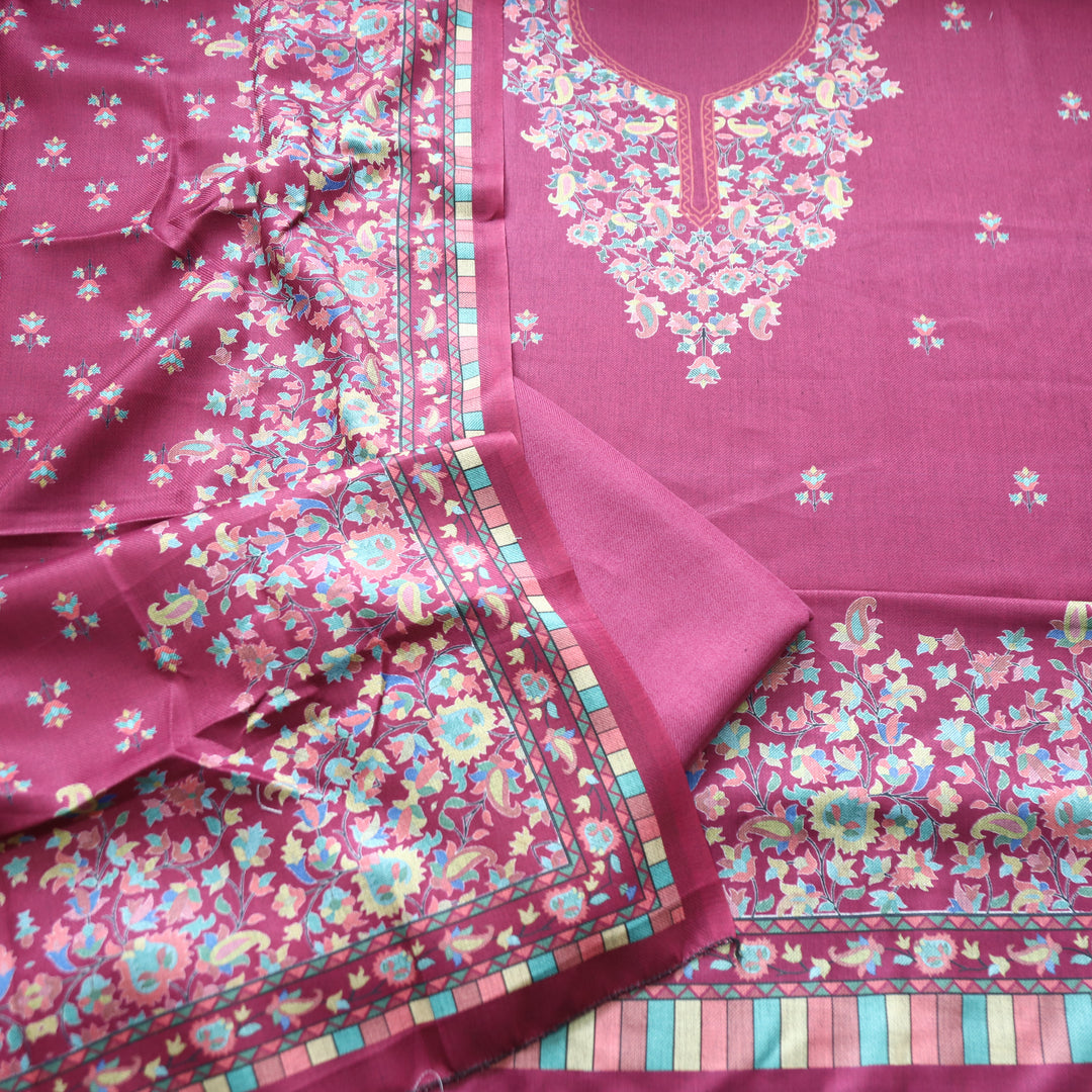 Rishvi Burgundy Wine Digital Kashmiri Printes Semi Pashmina Winter Set
