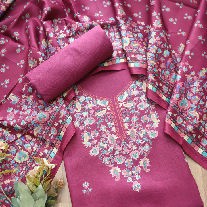 Rishvi Burgundy Wine Digital Kashmiri Printes Semi Pashmina Winter Set