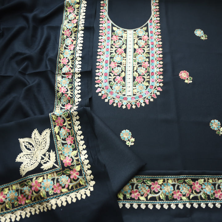 Manushi Midnight Black Kashida Embroidery Work Semi Pashmina Winter Set