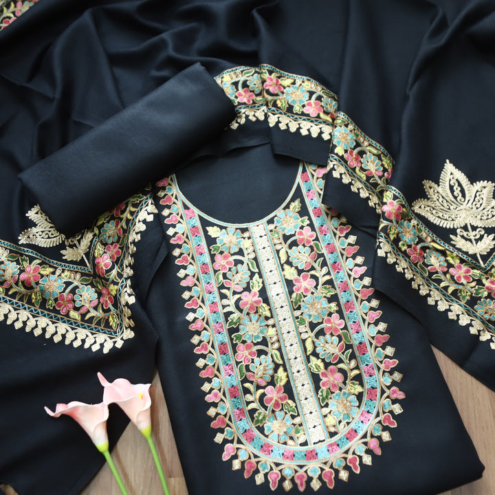 Manushi Midnight Black Kashida Embroidery Work Semi Pashmina Winter Set