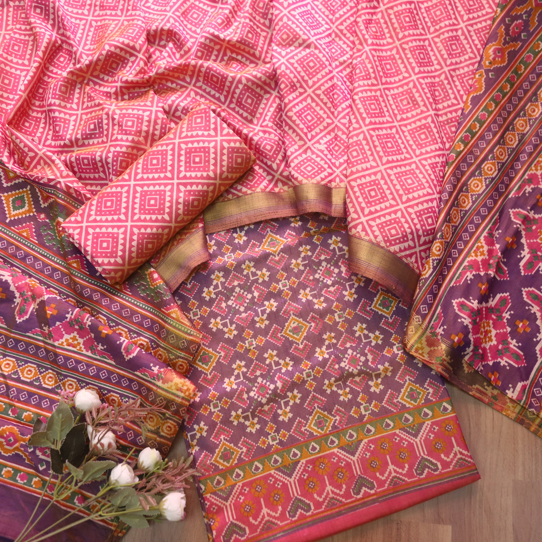 Sohini Orchid Purple All Over Patola Shadow Printed Work Muslin Silk Suit Set