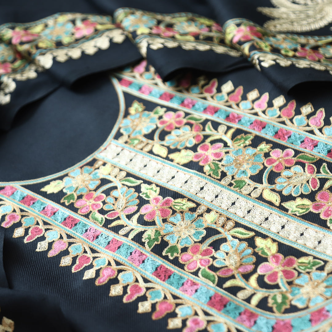 Manushi Midnight Black Kashida Embroidery Work Semi Pashmina Winter Set