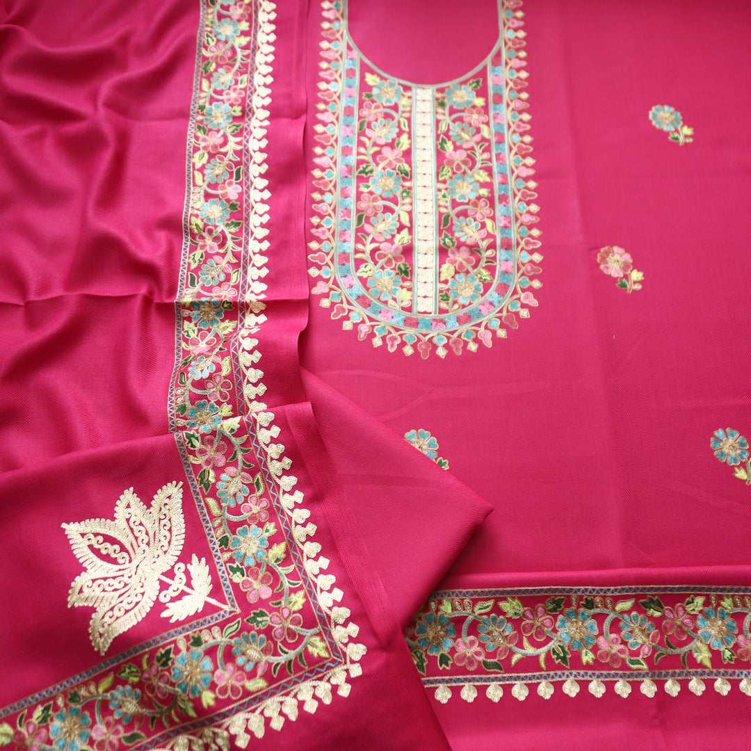 Manushi Rani Pink Kashida Embroidery Work Semi Pashmina Winter Set