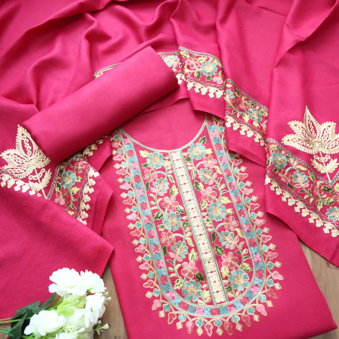 Manushi Rani Pink Kashida Embroidery Work Semi Pashmina Winter Set