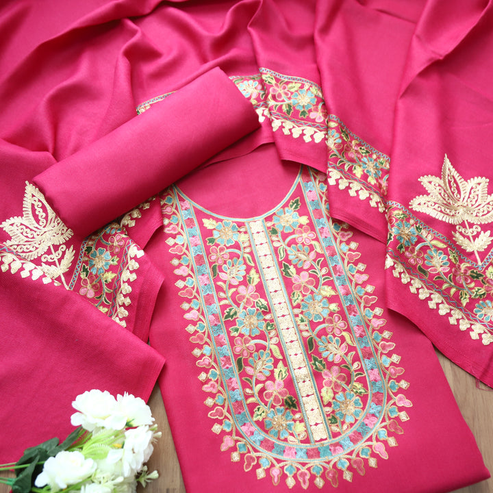 Manushi Rani Pink Kashida Embroidery Work Semi Pashmina Winter Set