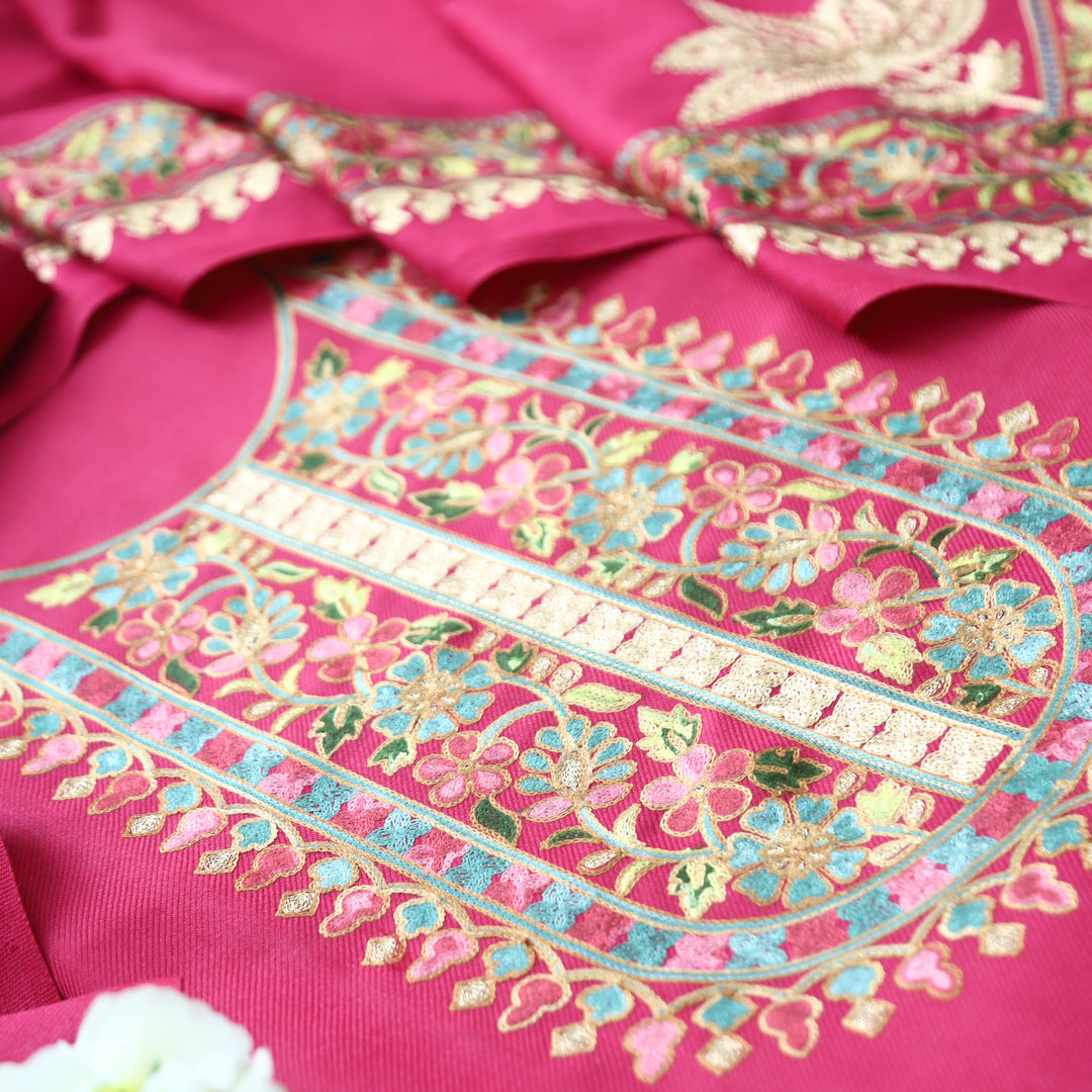 Manushi Rani Pink Kashida Embroidery Work Semi Pashmina Winter Set