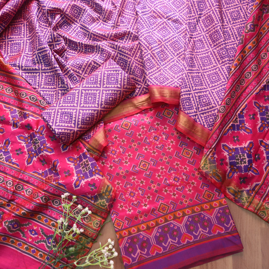Sohini Magenta Pink All Over Patola Shadow Printed Work Muslin Silk Suit Set
