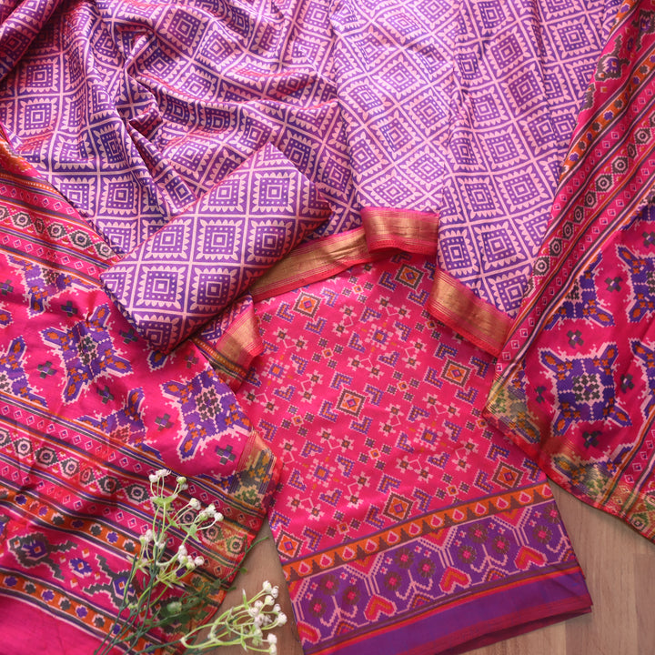 Sohini Magenta Pink All Over Patola Shadow Printed Work Muslin Silk Suit Set