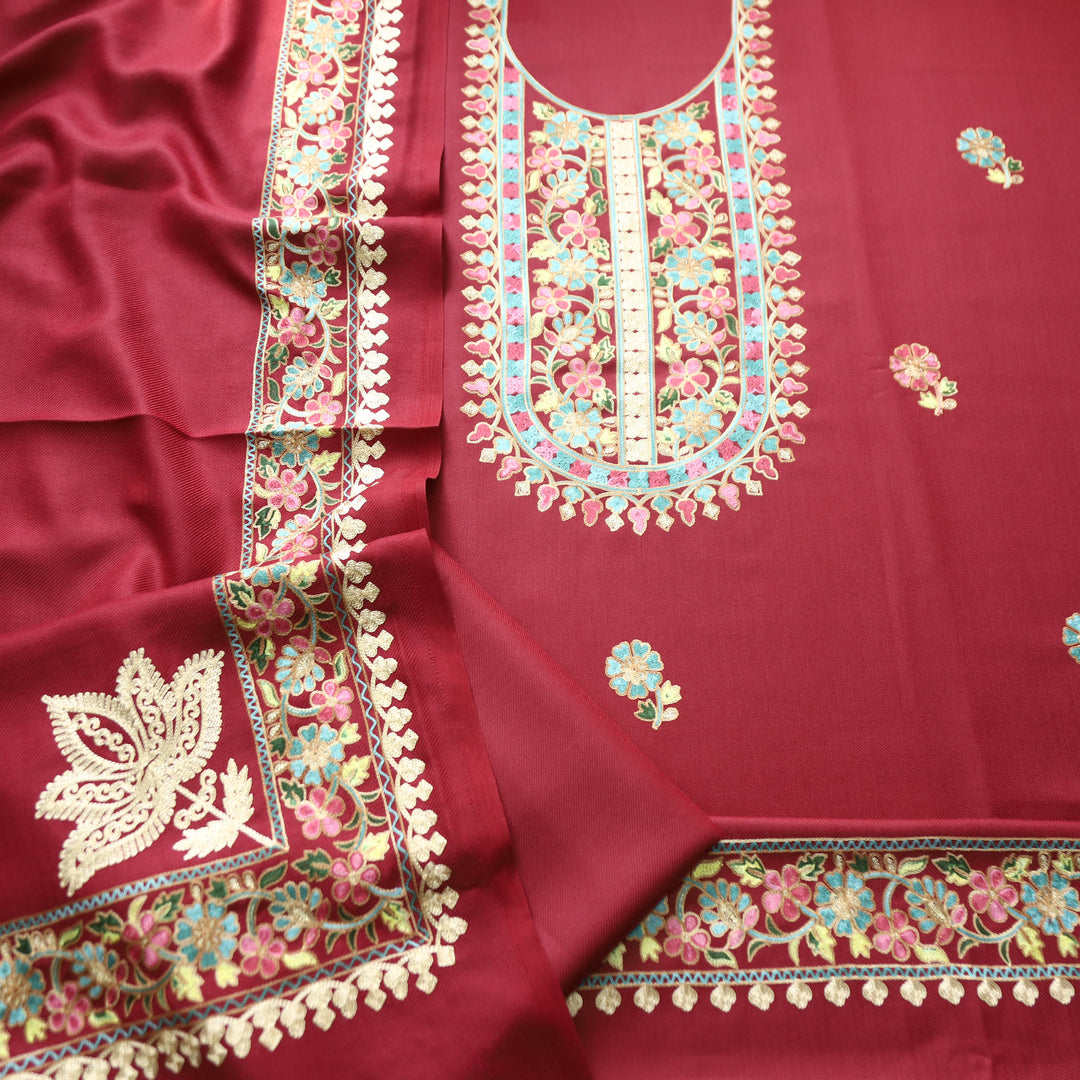 Manushi Maroon Red Kashida Embroidery Work Semi Pashmina Winter Set