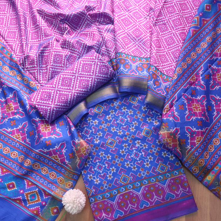 Sohini Electric Blue All Over Patola Shadow Printed Work Muslin Silk Suit Set