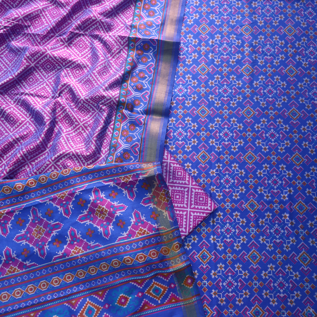 Sohini Electric Blue All Over Patola Shadow Printed Work Muslin Silk Suit Set