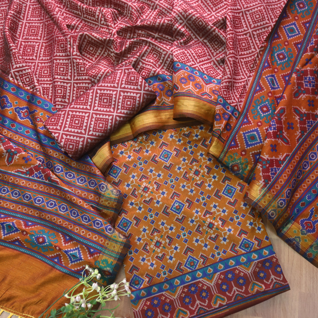 Sohini Bronze Brown All Over Patola Shadow Printed Work Muslin Silk Suit Set