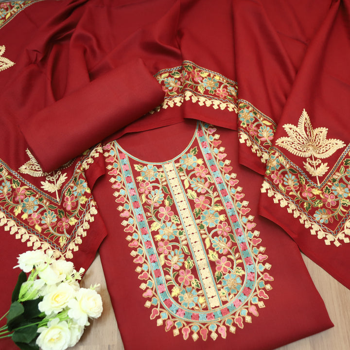 Manushi Maroon Red Kashida Embroidery Work Semi Pashmina Winter Set