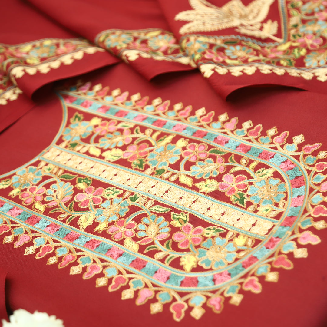 Manushi Maroon Red Kashida Embroidery Work Semi Pashmina Winter Set