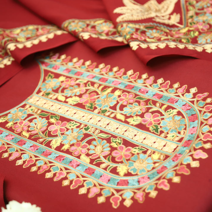 Manushi Maroon Red Kashida Embroidery Work Semi Pashmina Winter Set