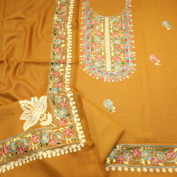 Manushi Turmeric Yellow Kashida Embroidery Work Semi Pashmina Winter Set