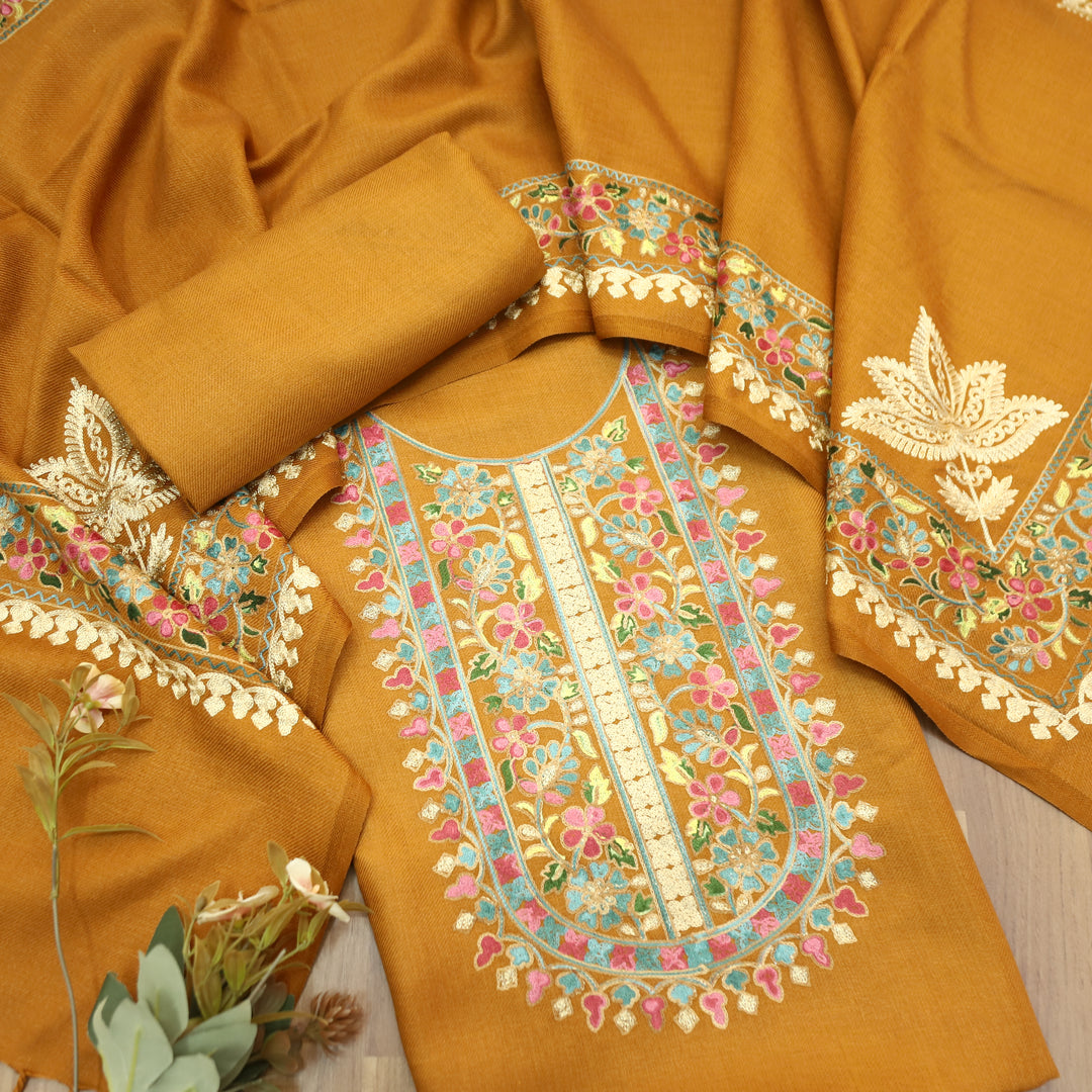 Manushi Turmeric Yellow Kashida Embroidery Work Semi Pashmina Winter Set