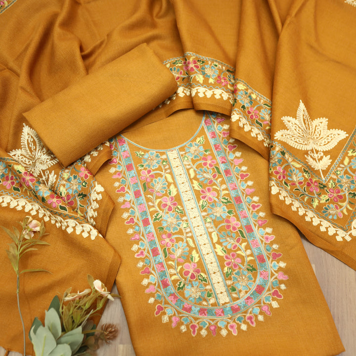 Manushi Turmeric Yellow Kashida Embroidery Work Semi Pashmina Winter Set