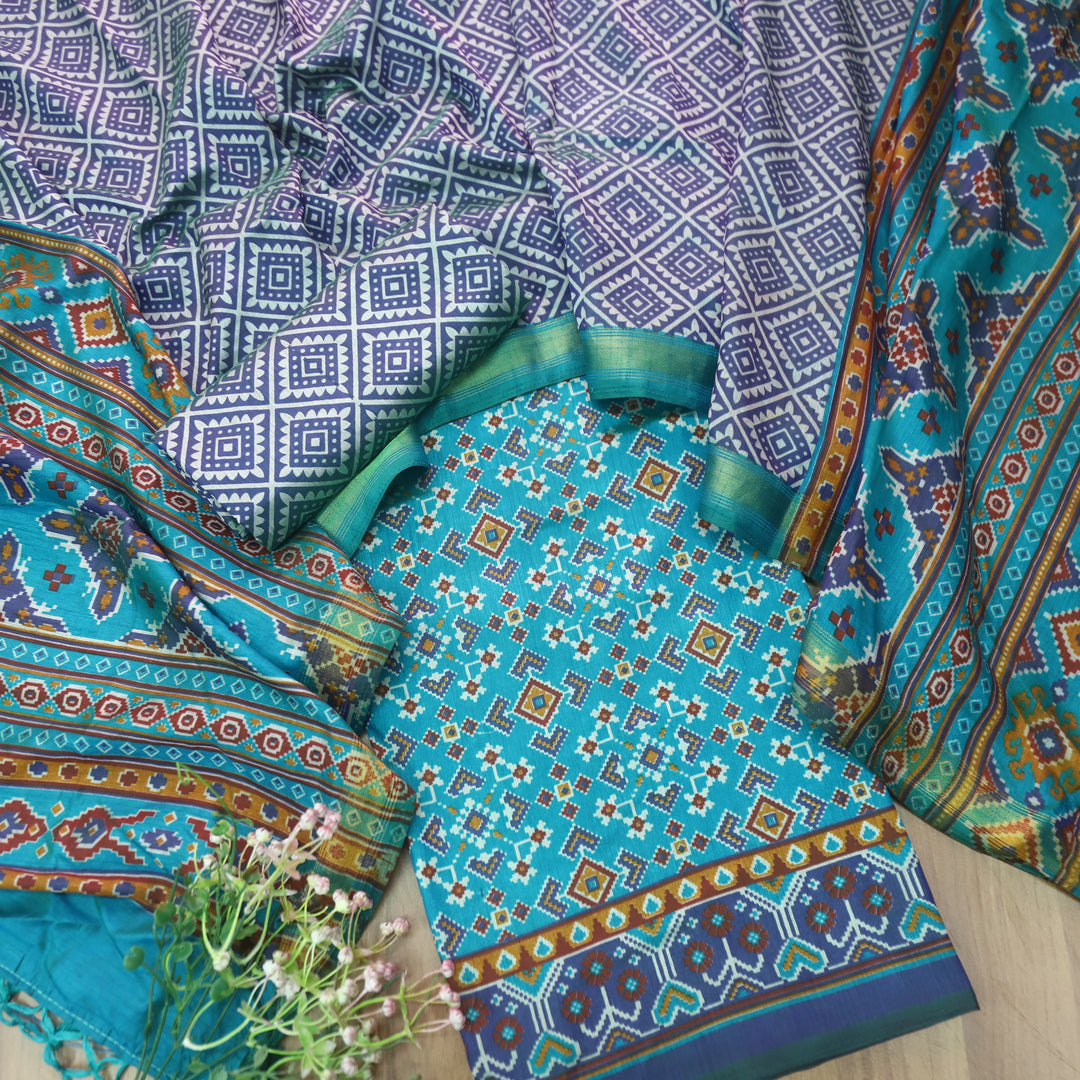 Sohini Aqua Teal All Over Patola Shadow Printed Work Muslin Silk Suit Set