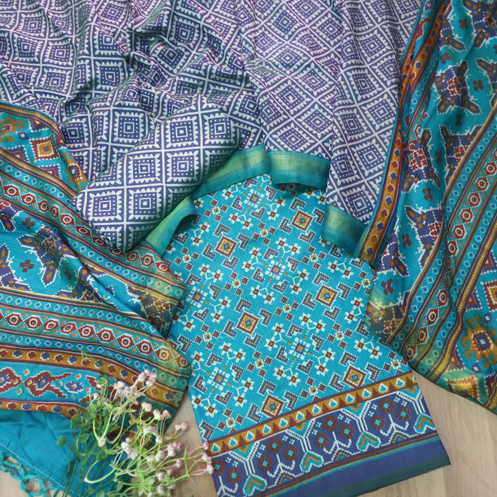 Sohini Aqua Teal All Over Patola Shadow Printed Work Muslin Silk Suit Set