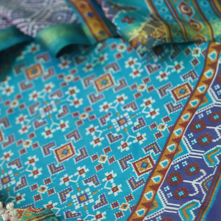 Sohini Aqua Teal All Over Patola Shadow Printed Work Muslin Silk Suit Set