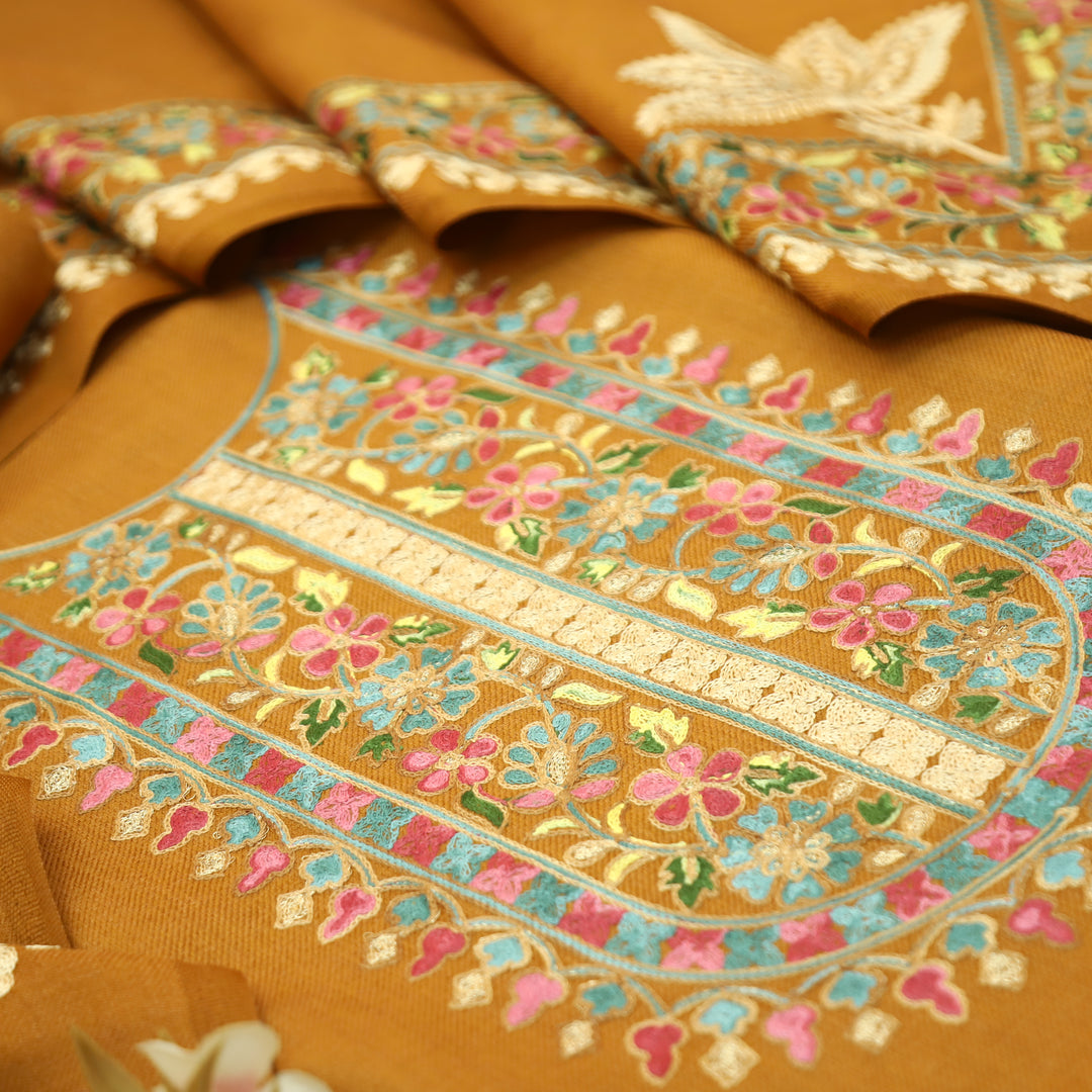 Manushi Turmeric Yellow Kashida Embroidery Work Semi Pashmina Winter Set
