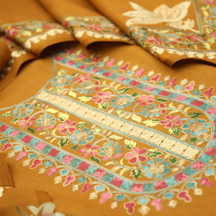 Manushi Turmeric Yellow Kashida Embroidery Work Semi Pashmina Winter Set