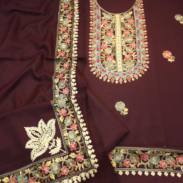 Manushi Burgundy Wine Kashida Embroidery Work Semi Pashmina Winter Set