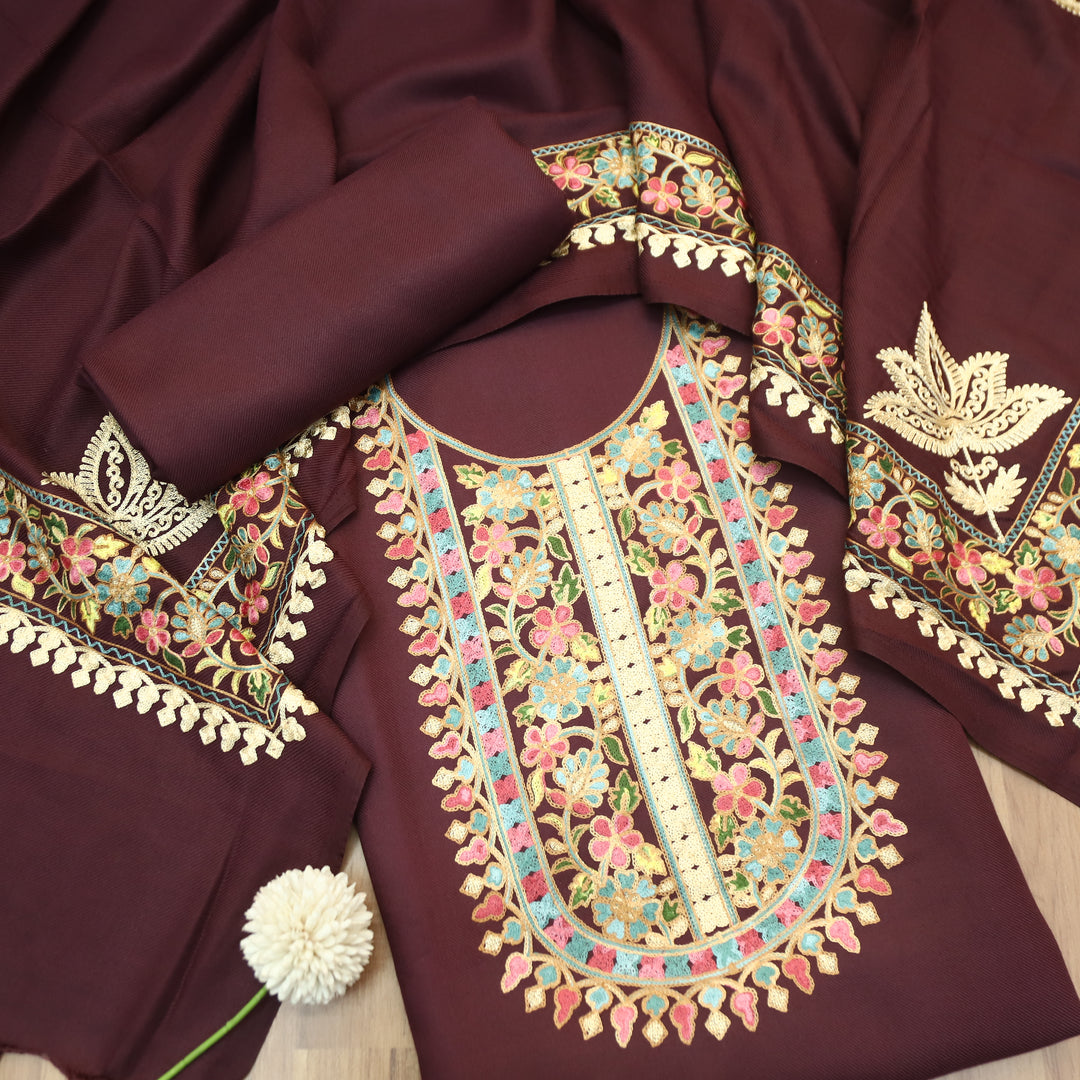 Manushi Burgundy Wine Kashida Embroidery Work Semi Pashmina Winter Set