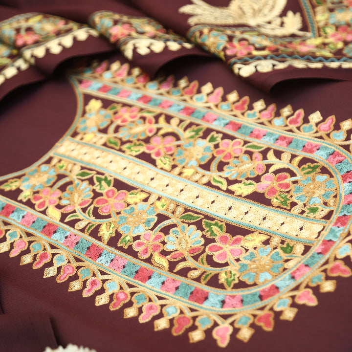 Manushi Burgundy Wine Kashida Embroidery Work Semi Pashmina Winter Set