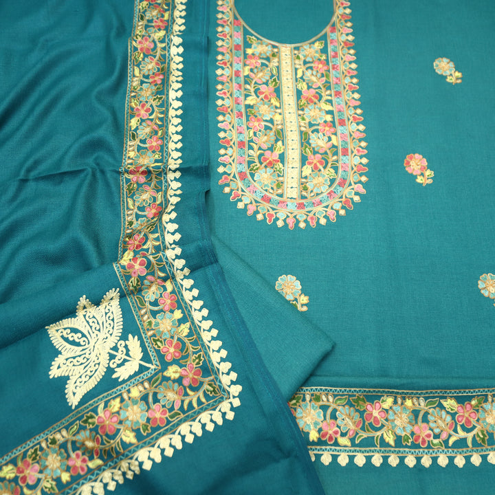 Manushi Alpine Blue Kashida Embroidery Work Semi Pashmina Winter Set