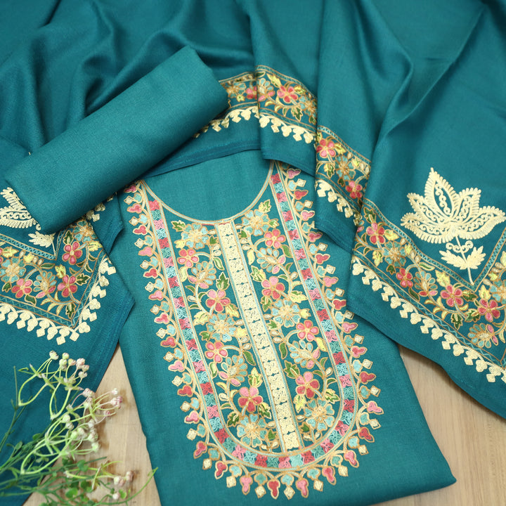 Manushi Alpine Blue Kashida Embroidery Work Semi Pashmina Winter Set