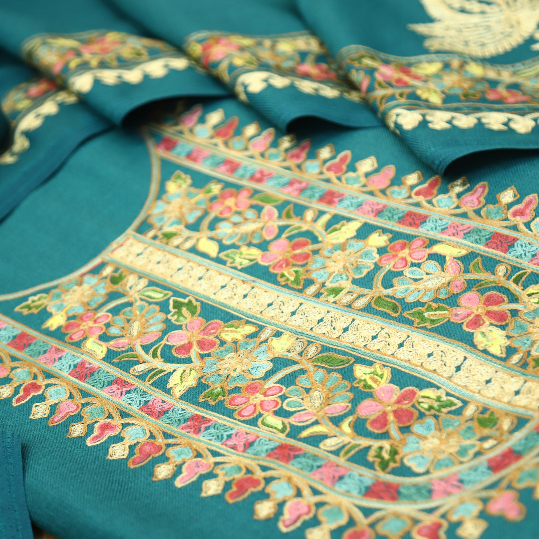 Manushi Alpine Blue Kashida Embroidery Work Semi Pashmina Winter Set
