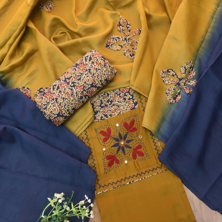 Pakkhi Dijon Yellow Thread Work with Mirron in Kalamkari Print Yoke Glazed Cotton Set