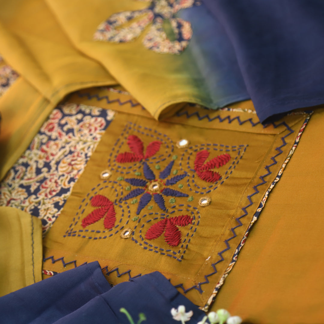 Pakkhi Dijon Yellow Thread Work with Mirron in Kalamkari Print Yoke Glazed Cotton Set