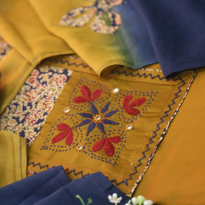 Pakkhi Dijon Yellow Thread Work with Mirron in Kalamkari Print Yoke Glazed Cotton Set