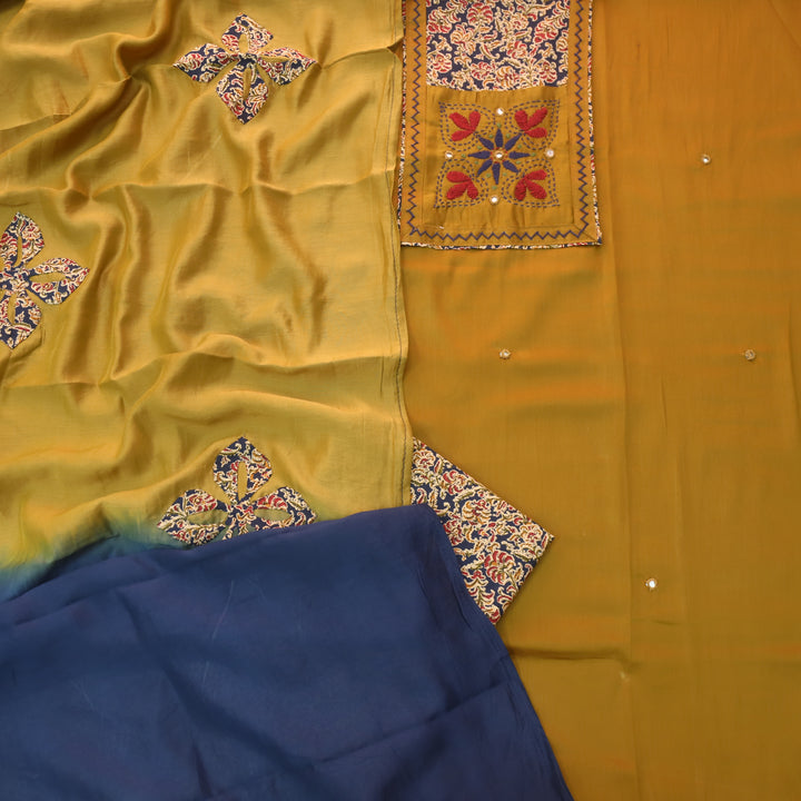 Pakkhi Dijon Yellow Thread Work with Mirron in Kalamkari Print Yoke Glazed Cotton Set