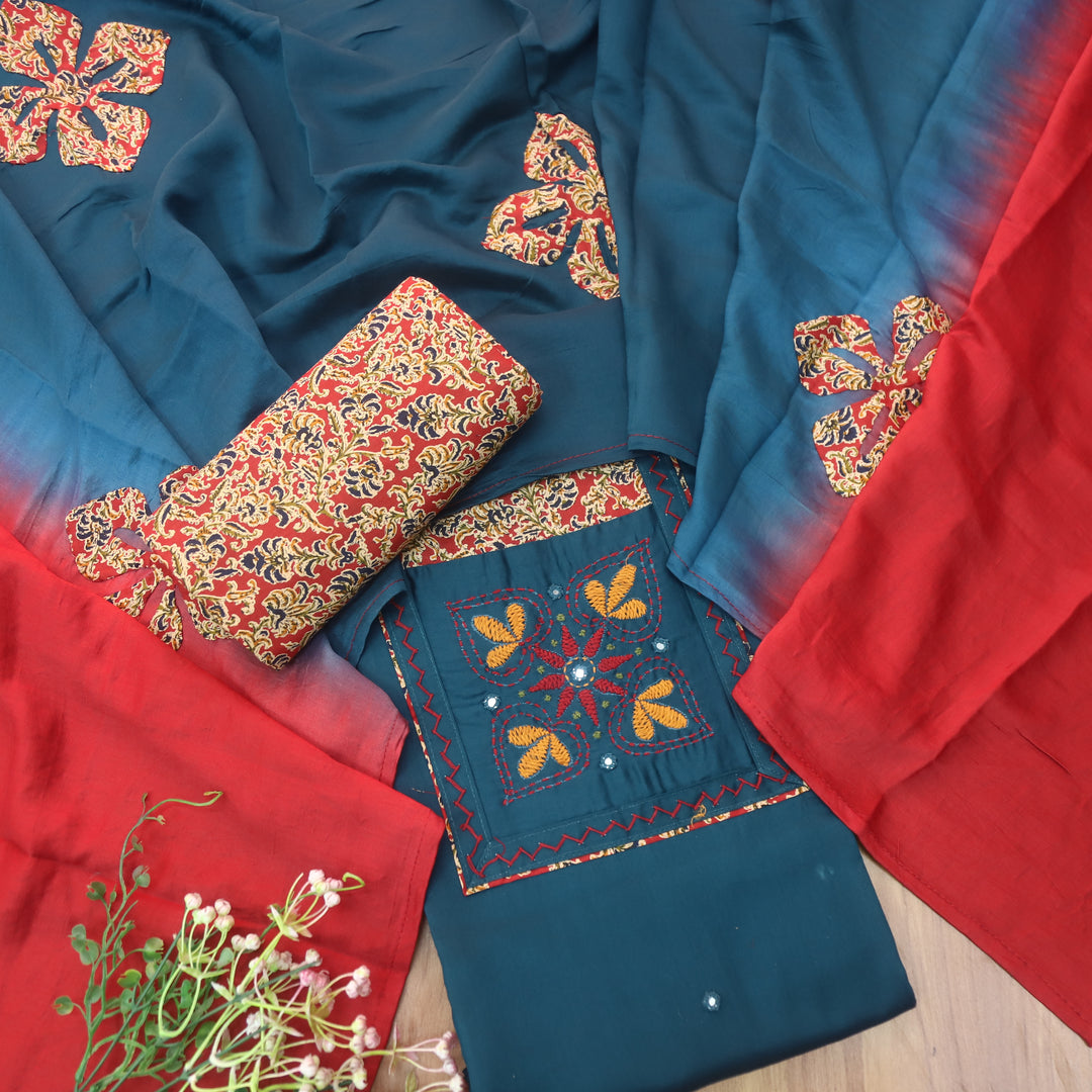 Pakkhi Navy Blue Thread Work with Mirron in Kalamkari Print Yoke Glazed Cotton Set