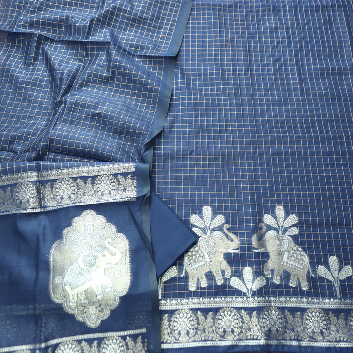 Raveri Navy Blue Gajj Style Zari Weaved Hem Chanderi Silk Set