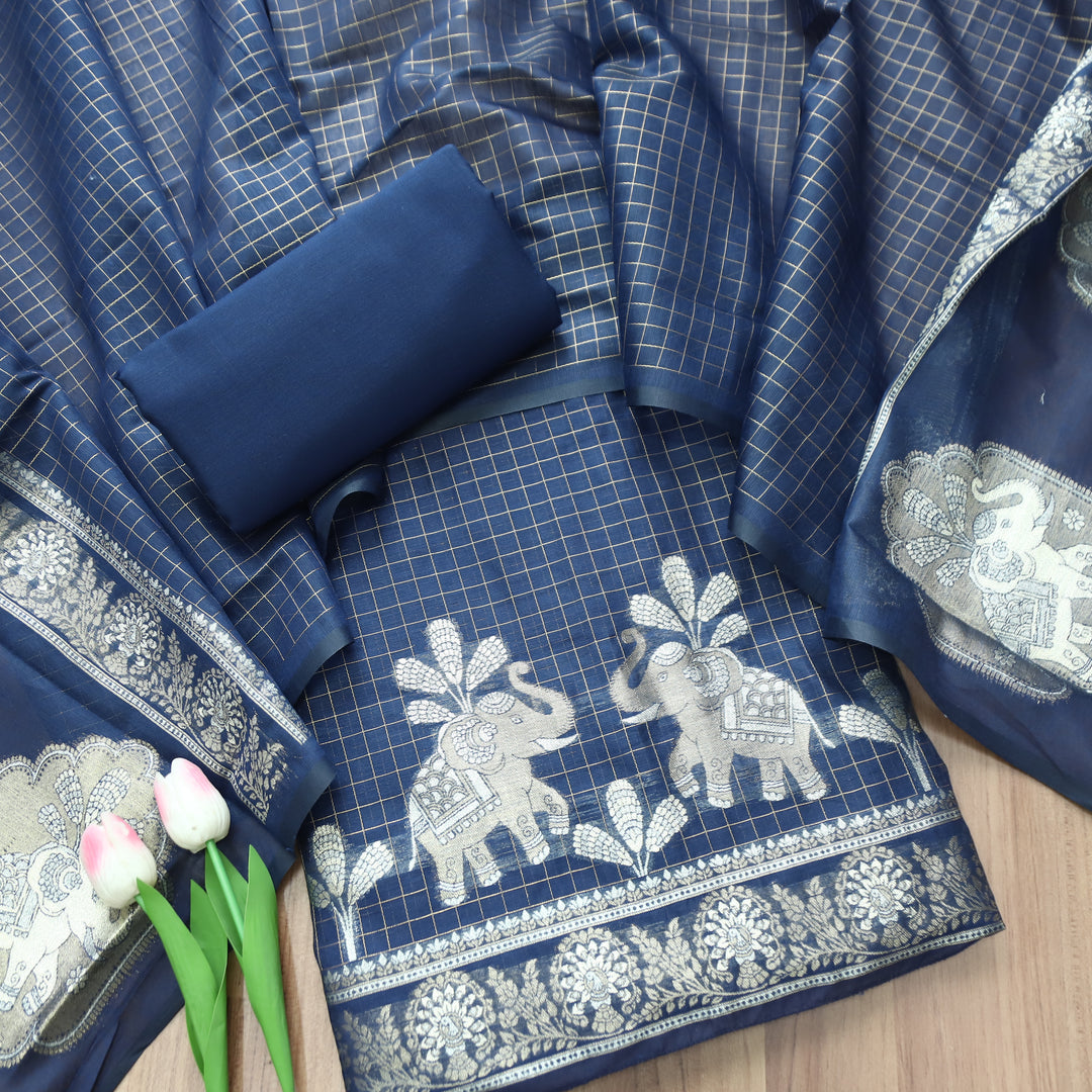 Raveri Navy Blue Gajj Style Zari Weaved Hem Chanderi Silk Set